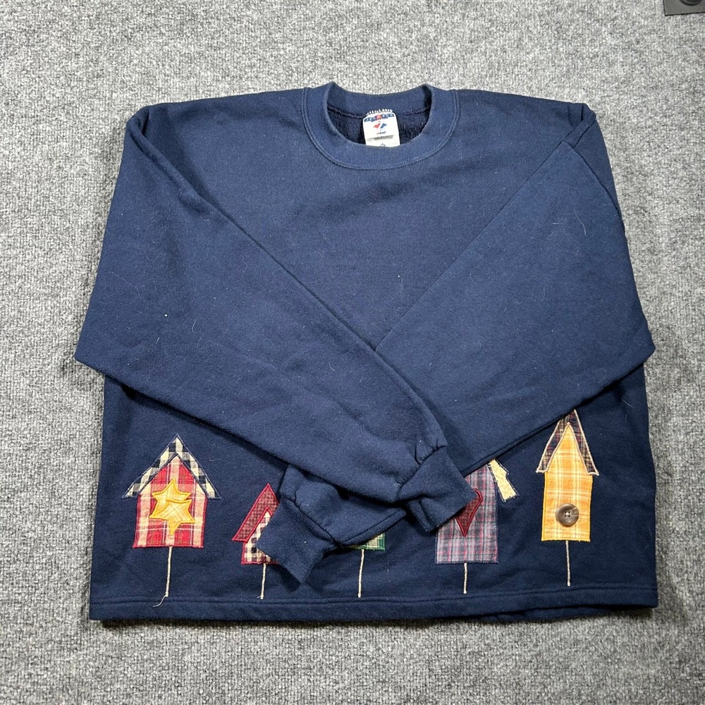 Jerzees Sweatshirt Womens XL Navy Blue Birdhouse Patchwork Made in USA Vintage